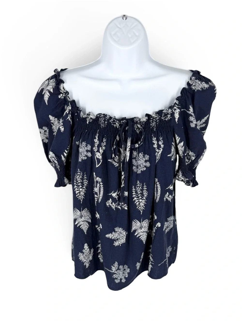 Pomander Place Beaufort Botanical Blouse XS NWT Navy Smocked Off Shoulder